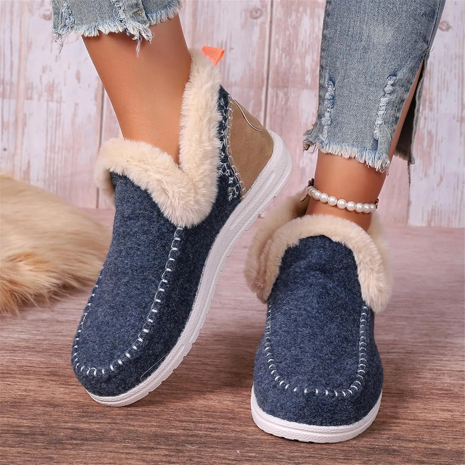 Ankle Boots For Women Comfy Slip On Winter Boots Warm Snow Short Booties Fashion Fur Lined Comfortable Loafers Shoes