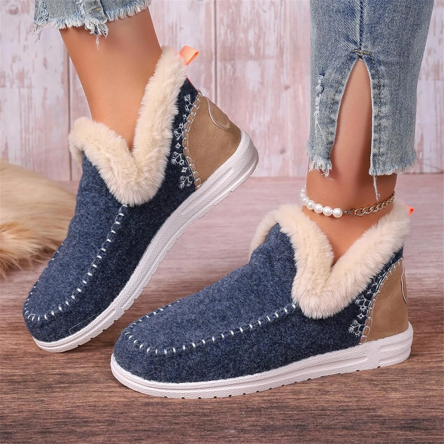 Ankle Boots For Women Comfy Slip On Winter Boots Warm Snow Short Booties Fashion Fur Lined Comfortable Loafers Shoes