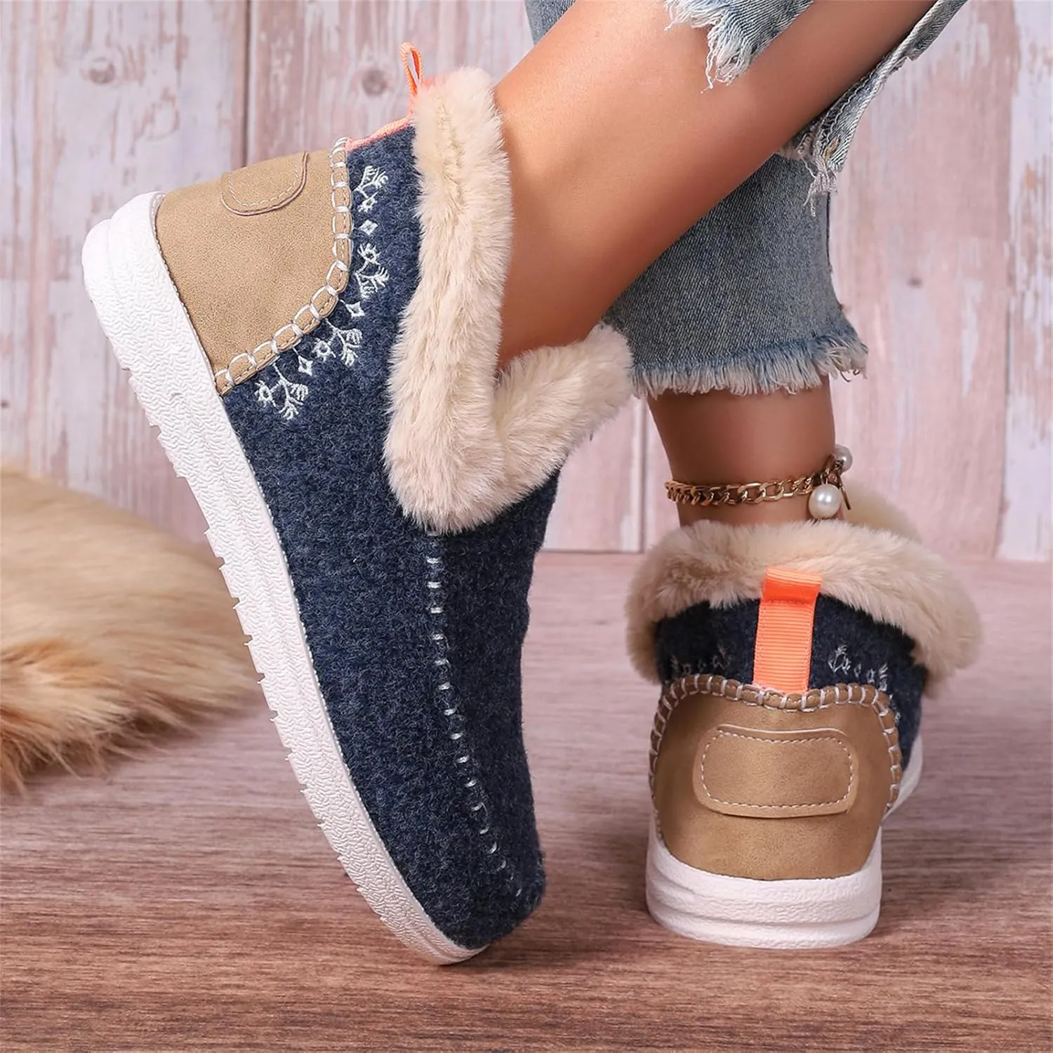 Ankle Boots For Women Comfy Slip On Winter Boots Warm Snow Short Booties Fashion Fur Lined Comfortable Loafers Shoes