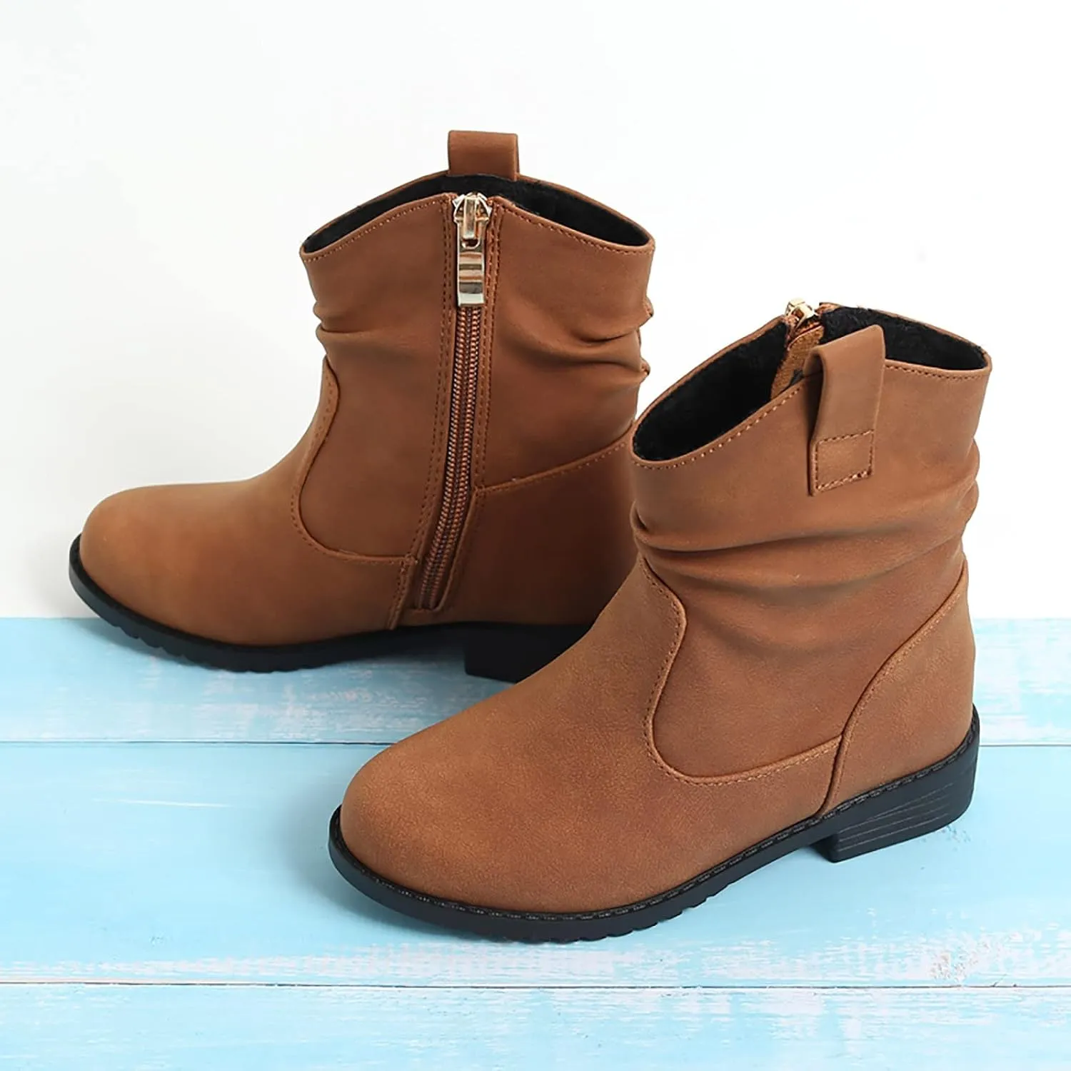Kids Rainproof Boots Western Boots Kids Ankle Boots Girls Low Heel Riding Booties with Zipper