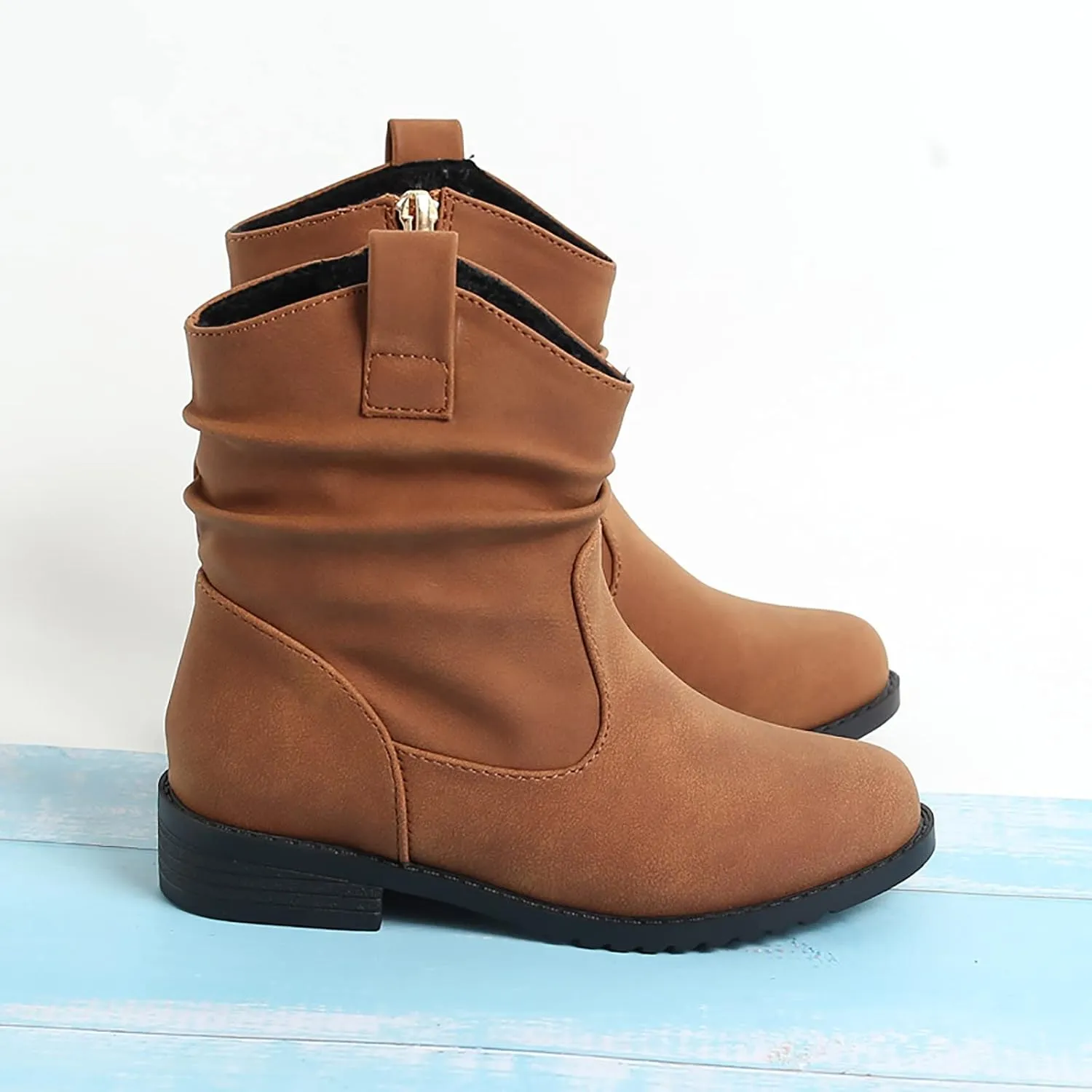 Kids Rainproof Boots Western Boots Kids Ankle Boots Girls Low Heel Riding Booties with Zipper