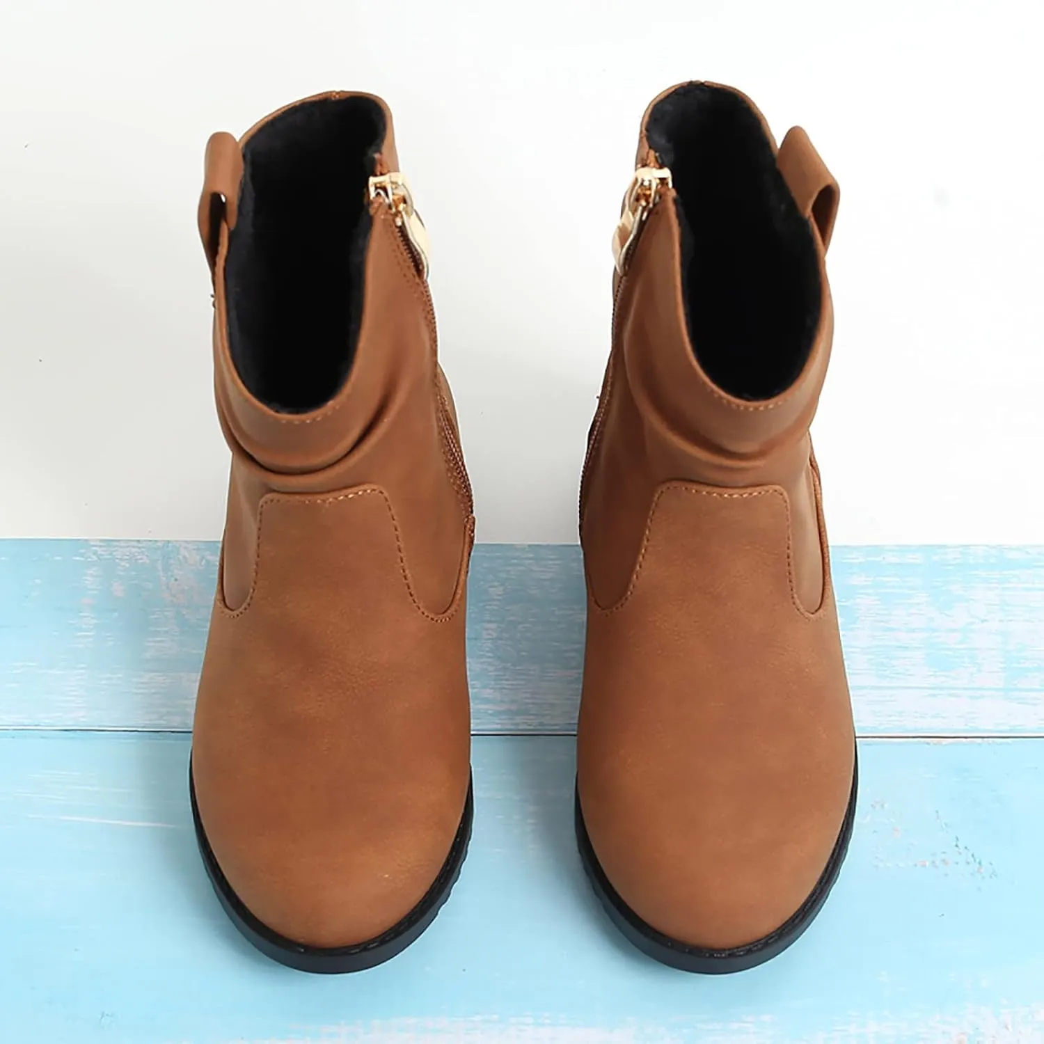Kids Rainproof Boots Western Boots Kids Ankle Boots Girls Low Heel Riding Booties with Zipper
