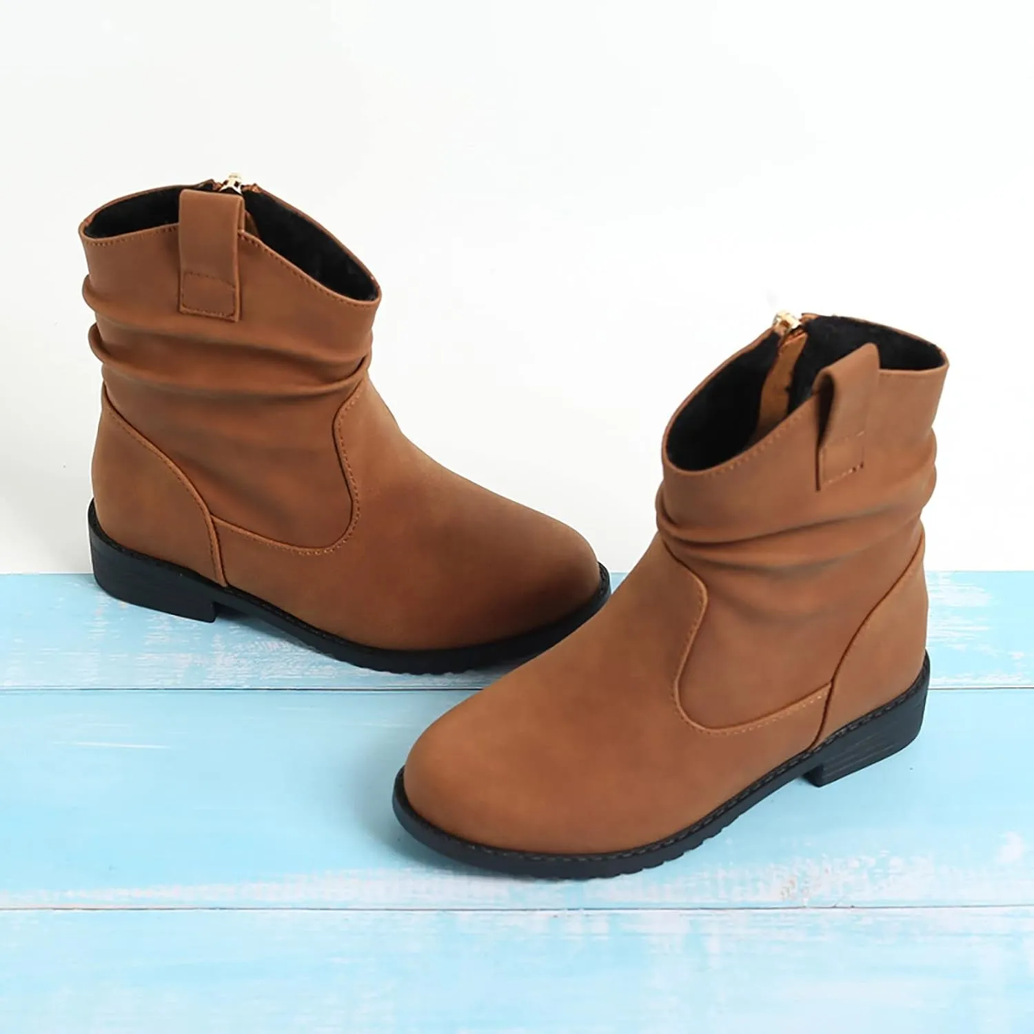 Kids Rainproof Boots Western Boots Kids Ankle Boots Girls Low Heel Riding Booties with Zipper