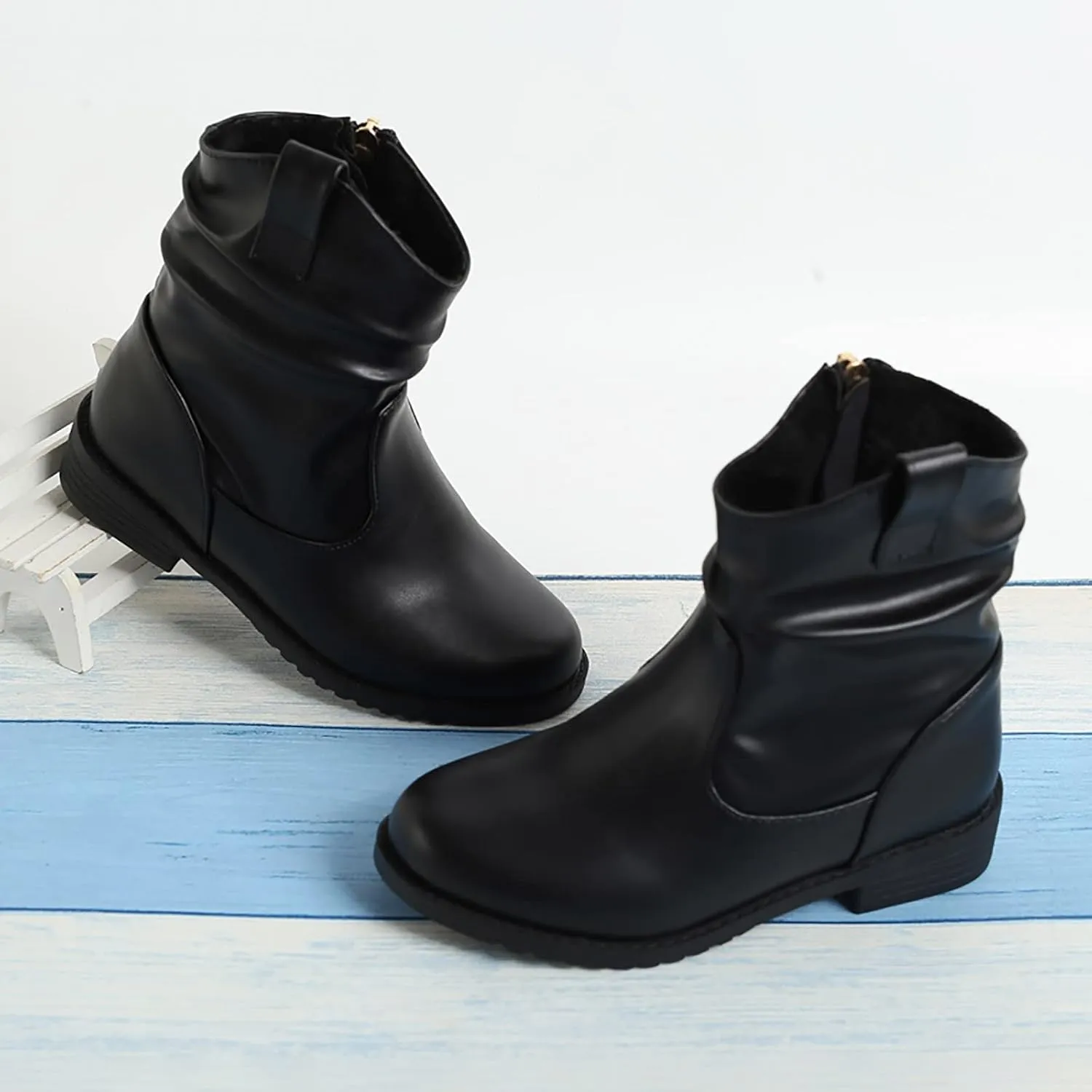Kids Rainproof Boots Western Boots Kids Ankle Boots Girls Low Heel Riding Booties with Zipper