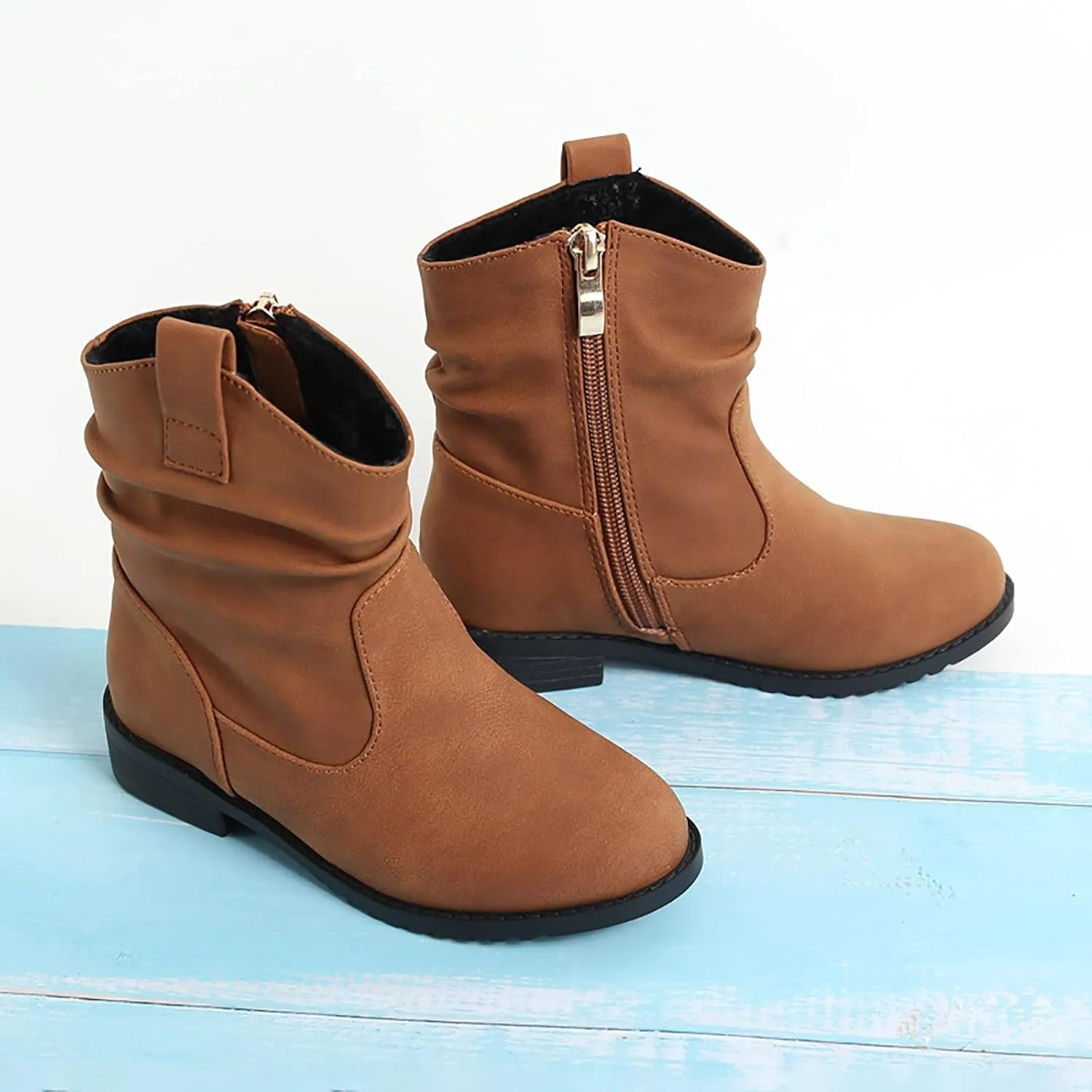 Kids Rainproof Boots Western Boots Kids Ankle Boots Girls Low Heel Riding Booties with Zipper