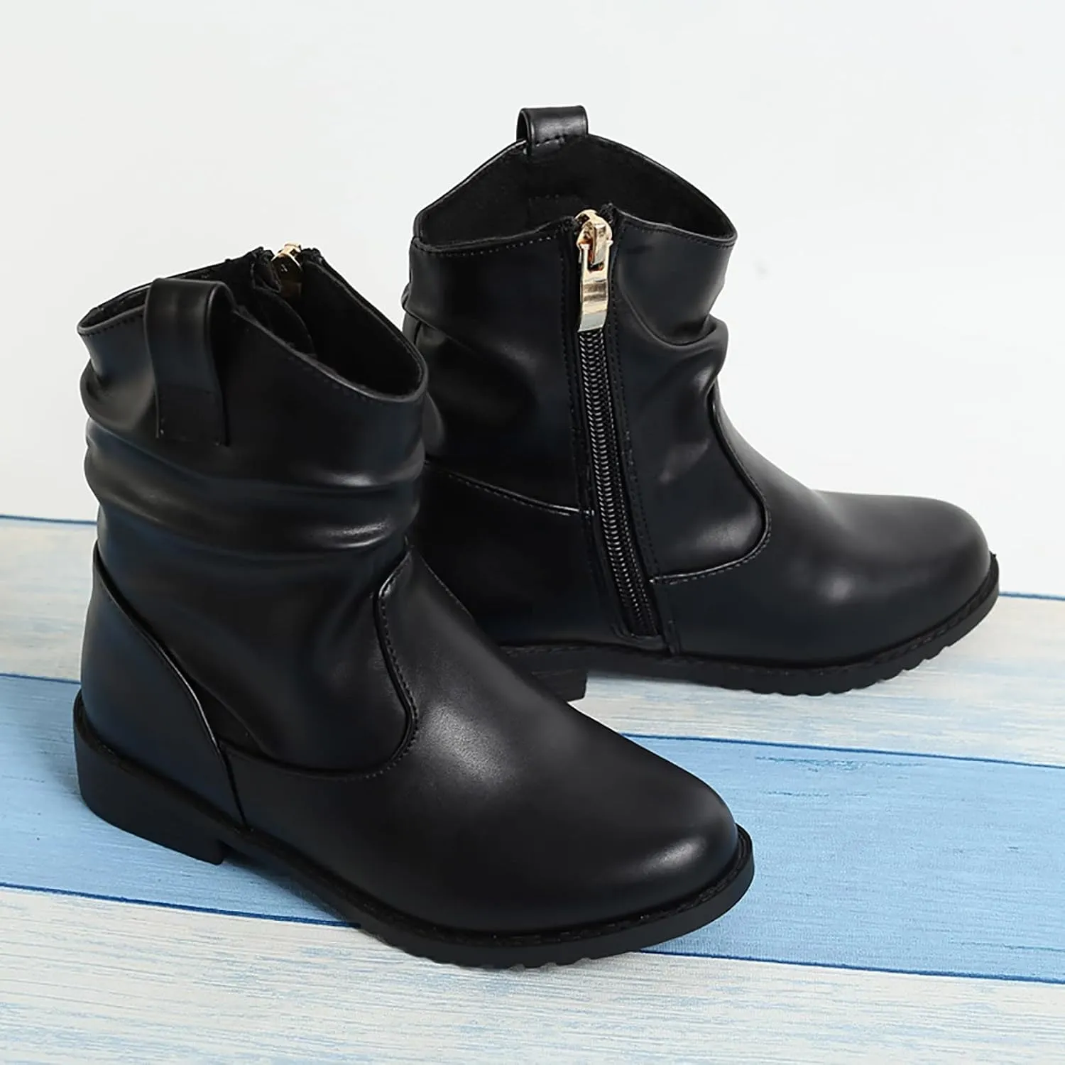 Kids Rainproof Boots Western Boots Kids Ankle Boots Girls Low Heel Riding Booties with Zipper