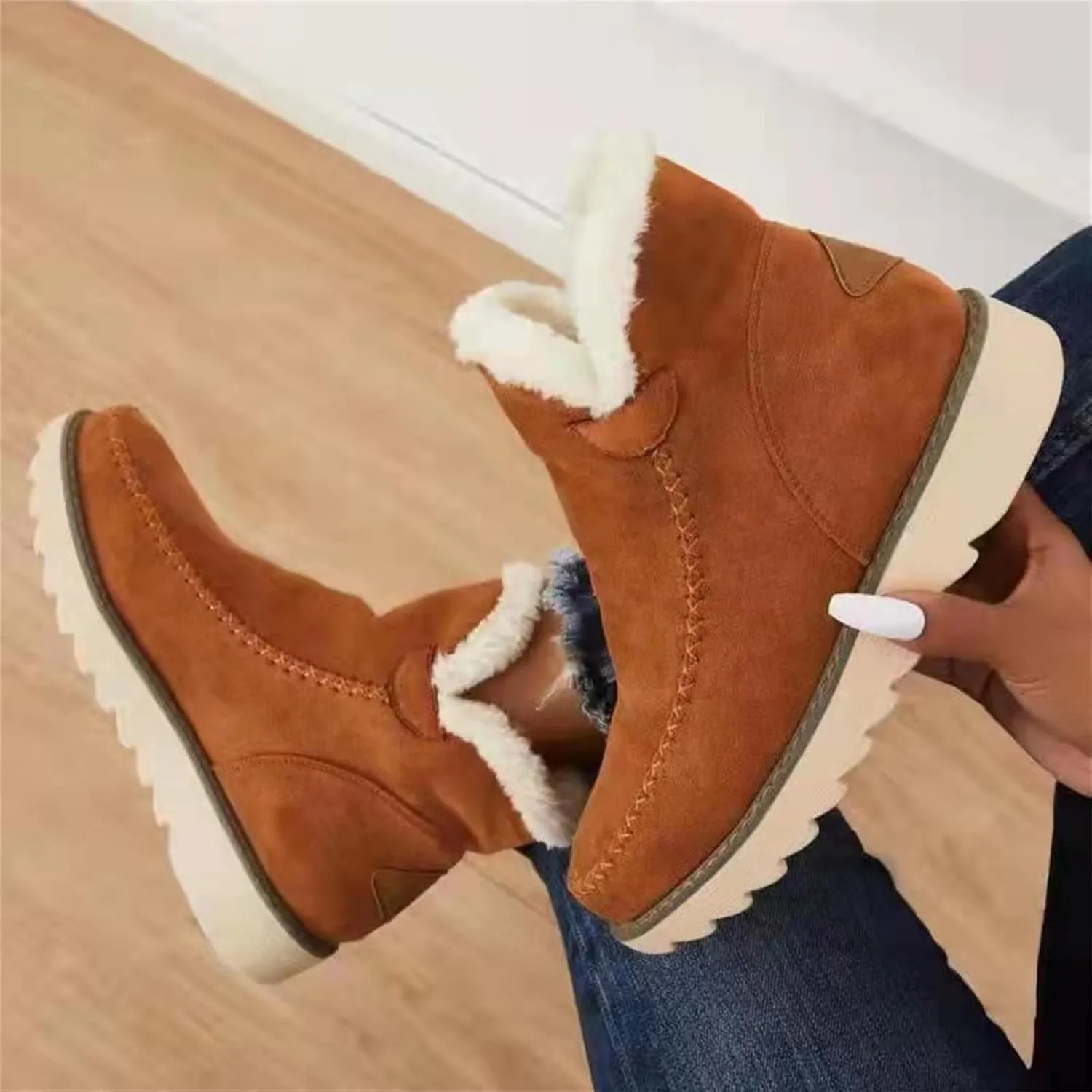 Ladmiple Boots for Women Ankle Booties with Fur High-top Winter Snow Boots Slip on Warm Comfortable Outdoor Walking Shoes