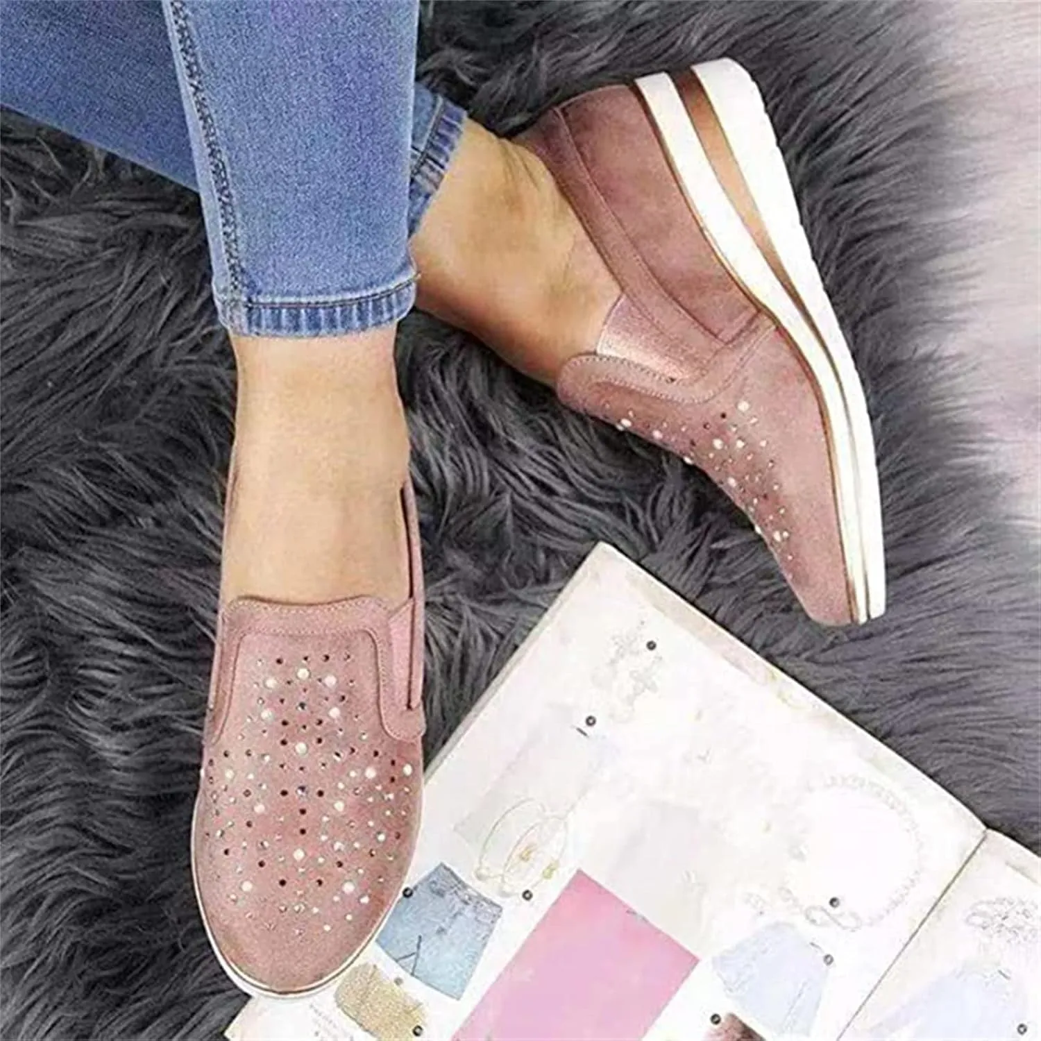 Ladmiple Sneakers For Women Walking Shoes Wide Width Slip On Sparkly Shoes Dressy Casual Summer Glitter Flats Loafers