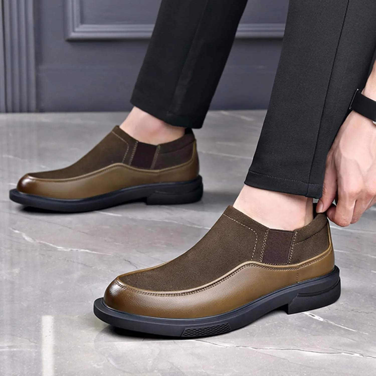 Men's Genuine Leather Splicing Casual Loafers Comfort Round Toe Breathable Slip On Driving Shoes Bussiness Office Dress Loafers
