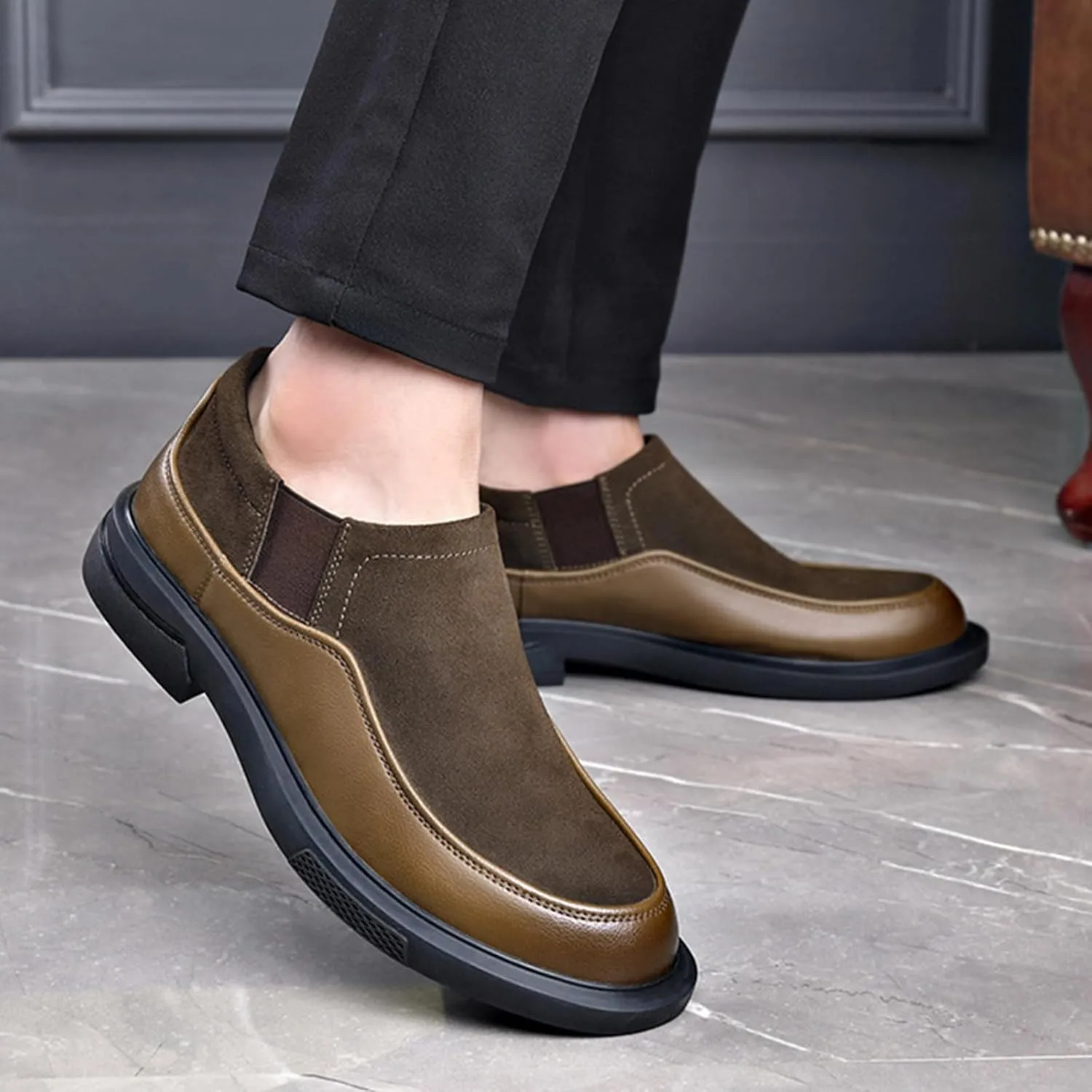 Men's Genuine Leather Splicing Casual Loafers Comfort Round Toe Breathable Slip On Driving Shoes Bussiness Office Dress Loafers