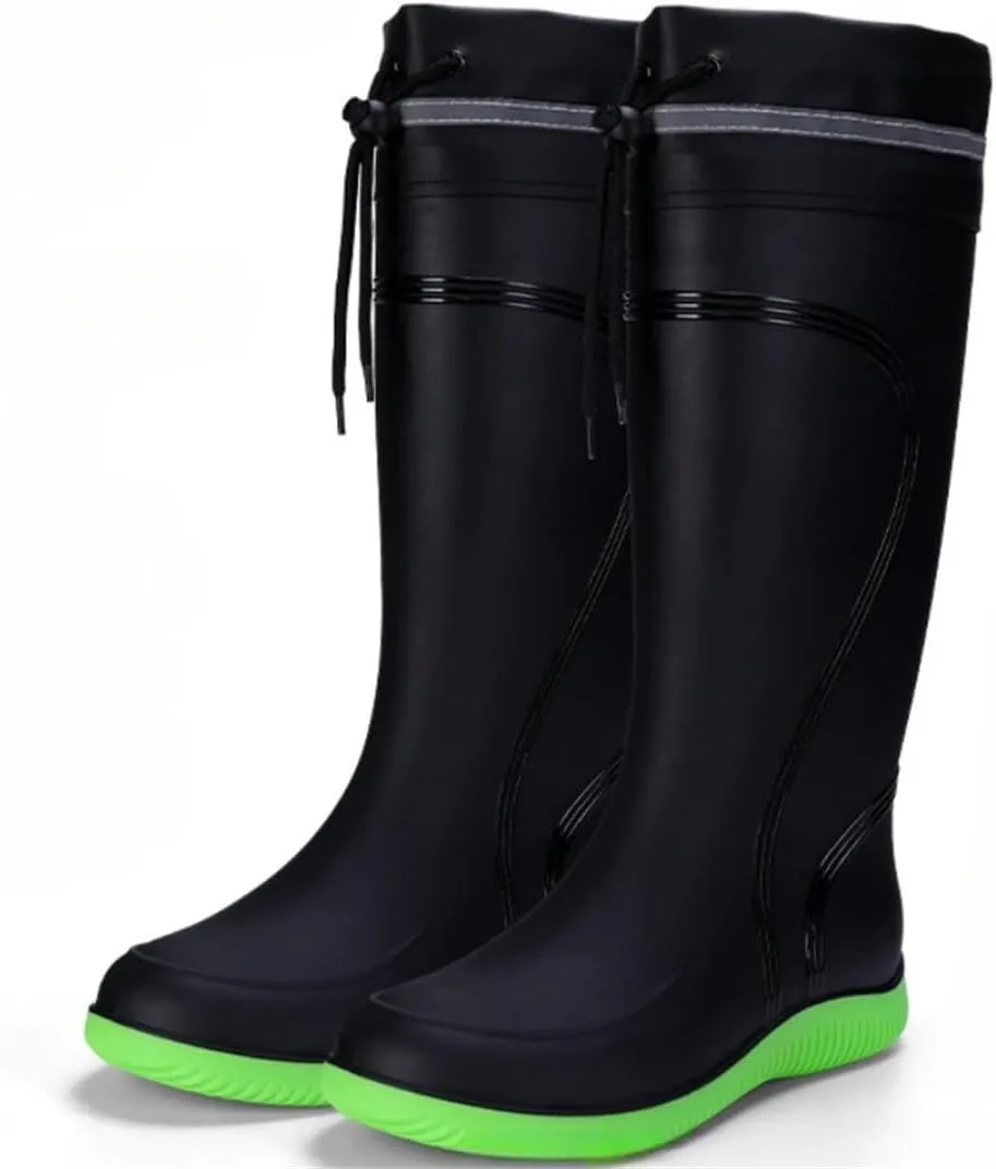 Men's Rain Boots Waterproof Mid Calf Boots Non-Slip Rainproof Work Boots Outdoor Water Shoes Soft Drawstring Rubber Boot