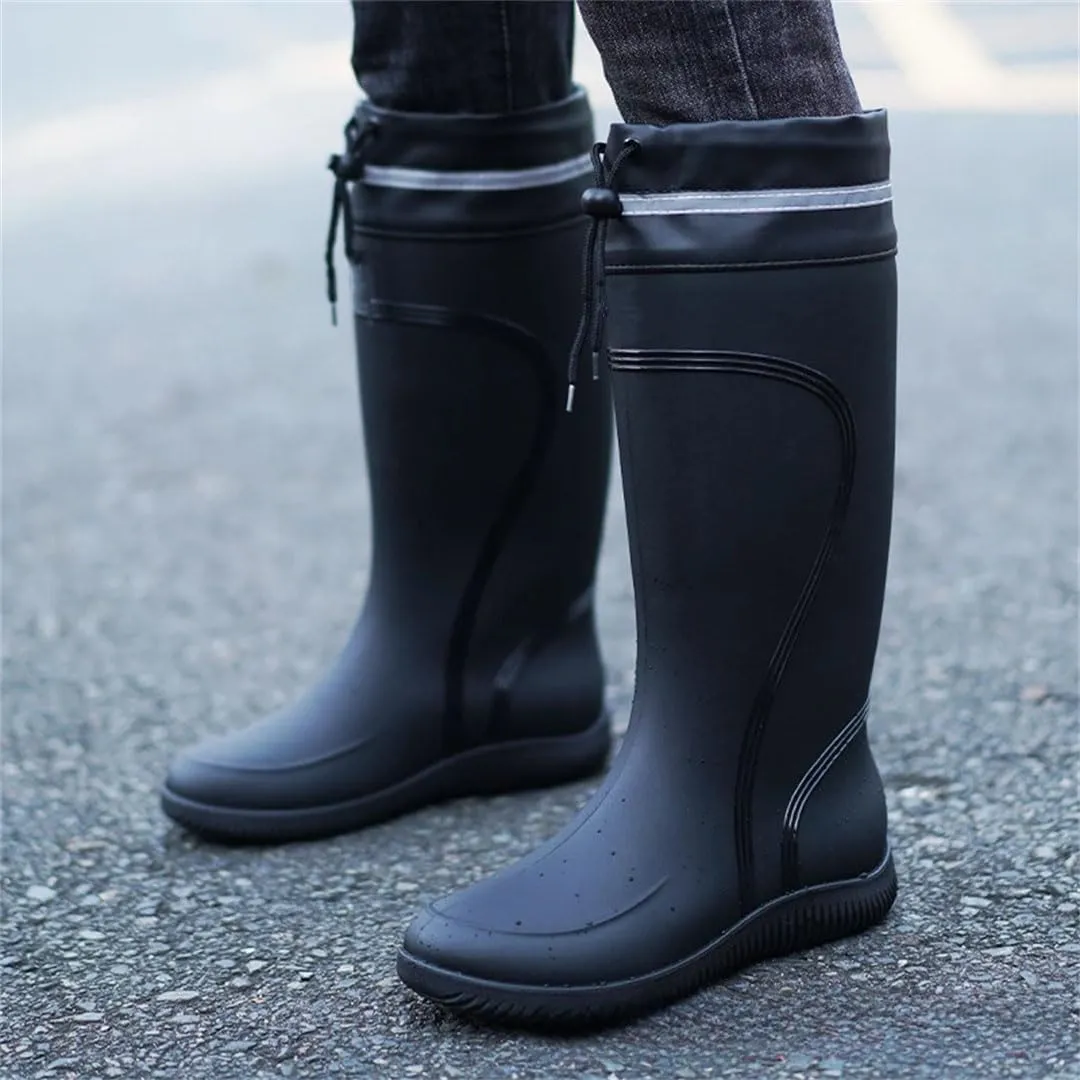 Men's Rain Boots Waterproof Mid Calf Boots Non-Slip Rainproof Work Boots Outdoor Water Shoes Soft Drawstring Rubber Boot
