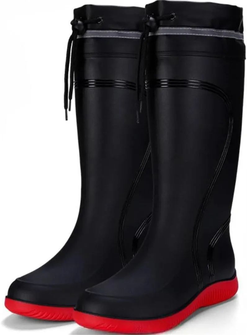 Men's Rain Boots Waterproof Mid Calf Boots Non-Slip Rainproof Work Boots Outdoor Water Shoes Soft Drawstring Rubber Boot