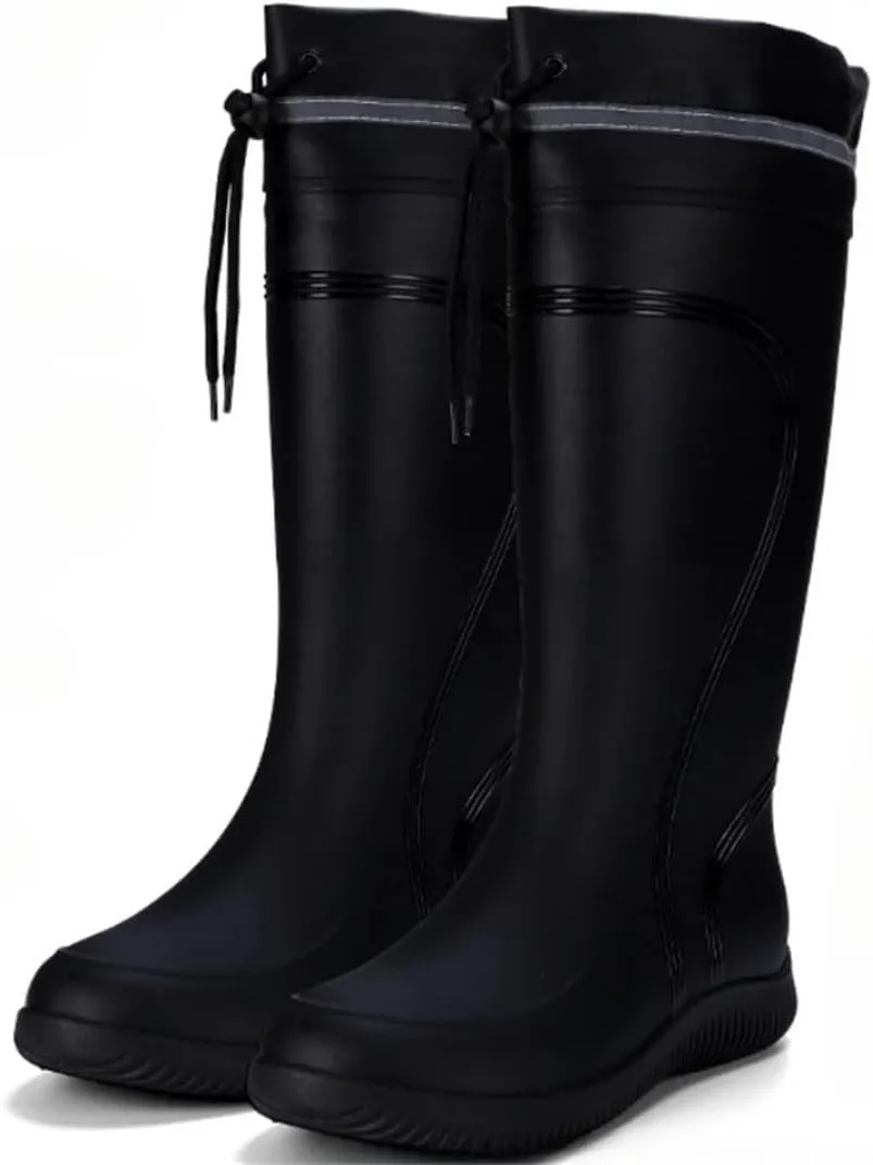 Men's Rain Boots Waterproof Mid Calf Boots Non-Slip Rainproof Work Boots Outdoor Water Shoes Soft Drawstring Rubber Boot