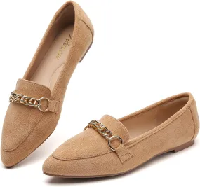Tilocow Metal Chain Loafers for Women Pointed Toe Slip on Flats Comfortable Fashion Work Shoes